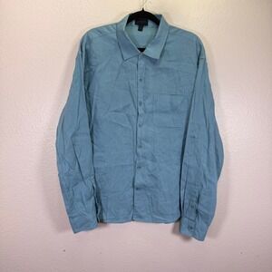 Magaschoni Man Button Down Shirt Mens‎ Large Teal Blue Coastal Linen Travel Roll